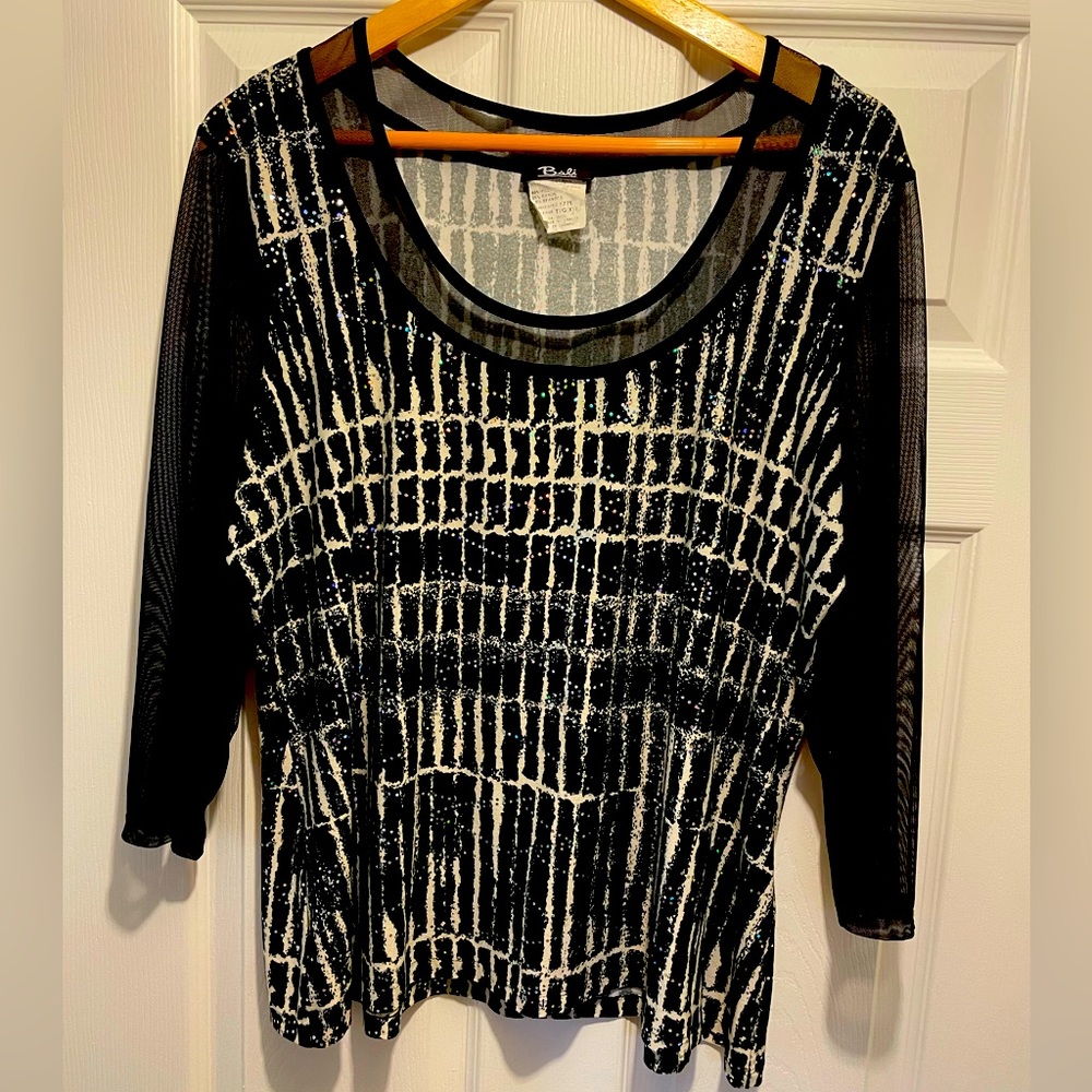 🇨🇦 Bali Made in Canada vintage long sheer sleeve blouse glitter black/white